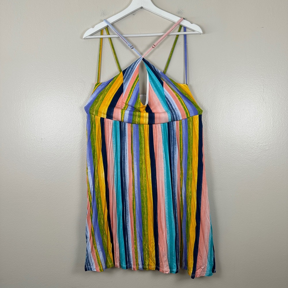 Body Glove Women's XL Ivy Dress Multi Havana Nights Stripe Halter Y2K NEW
